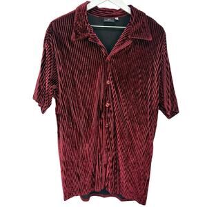 Y2K Burgundy Velvet Stripe Short Sleeve Shirt - Men's Size XL